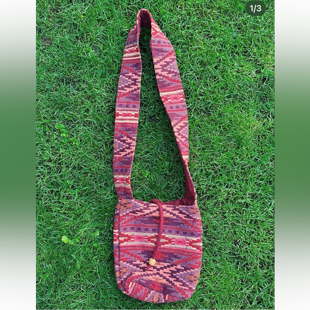 Red Boho Fabric Stitched Shoulder Purse Bag with Zipper Pocket